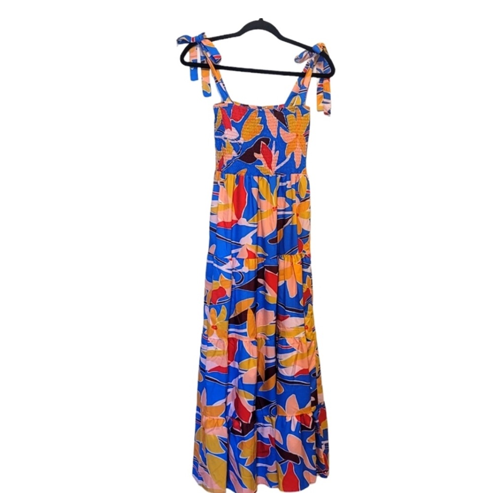 Maxi Dress Tropical Floral Casual Full Length Layered Bright Blue Womens Meduim